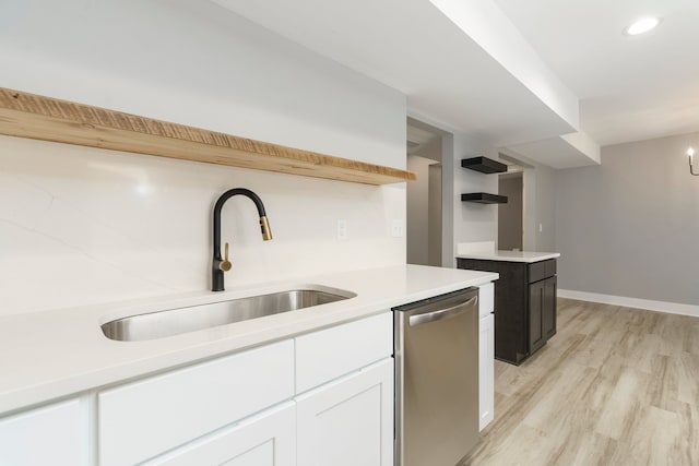 3246 Millwall Ave, Keego Harbor, MI 48320 - kitchen with a sink, dishwasher, open shelves, light wood-type flooring, and white cabinets