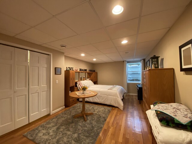 bedroom featuring wood finished floors, baseboards, a paneled ceiling, recessed lighting, and a closet