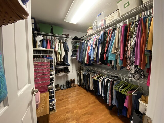 walk in closet with wood finished floors