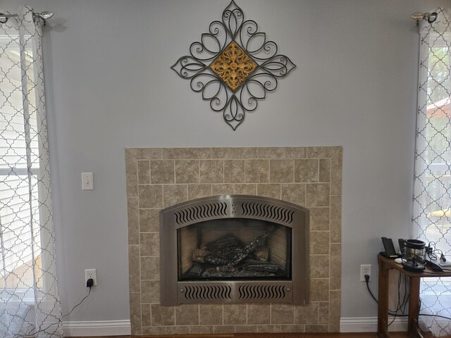 detailed view of a fireplace and baseboards