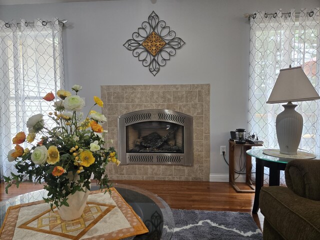 living room featuring a tile fireplace, wood finished floors, and healthy amount of natural light