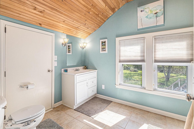 bathroom featuring lofted ceiling, tile patterned floors, wood ceiling, toilet, and baseboards