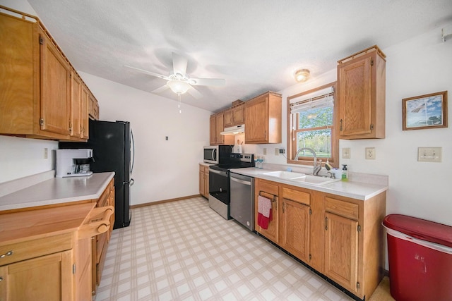 14682 E Merry Dr, Camden, MI 49232 - kitchen featuring a sink, stainless steel appliances, under cabinet range hood, ceiling fan, and light countertops