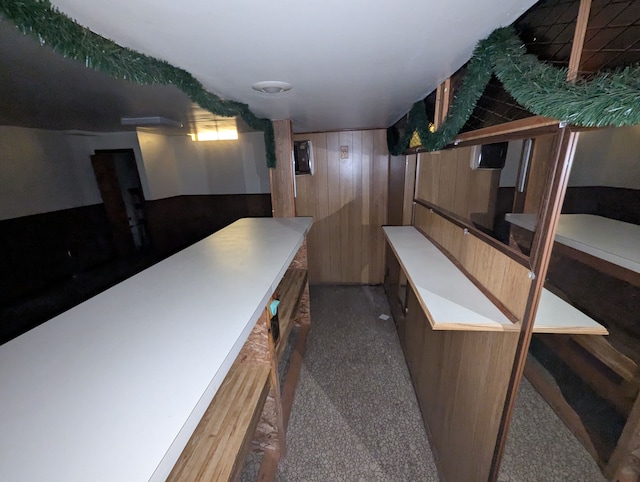 bar area with carpet and wooden walls