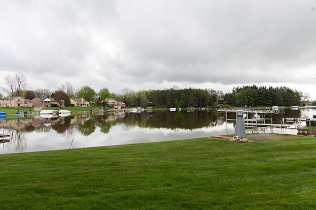 dock area with a water view and a yard