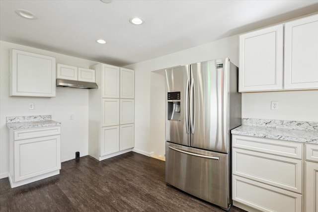 25034 Redfield St, Edwardsburg, MI 49112 - kitchen featuring stainless steel fridge, dark wood-style floors, white cabinetry, recessed lighting, and light stone counters