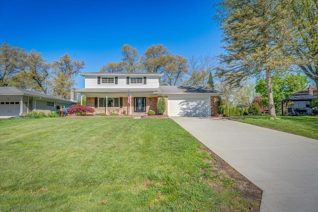 traditional-style home featuring an attached garage, driveway, a front yard, brick siding, and covered porch