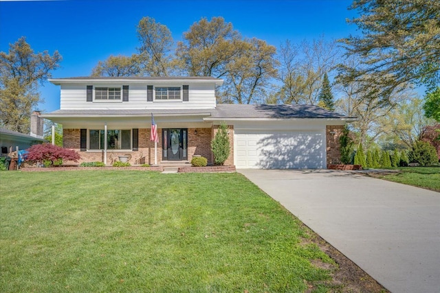 traditional-style home with an attached garage, brick siding, and concrete driveway