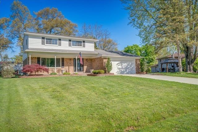 traditional-style house featuring a garage, driveway, brick siding, a front yard, and a porch