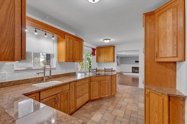 kitchen featuring a sink, black electric cooktop, light stone countertops, decorative backsplash, and stone finish floors