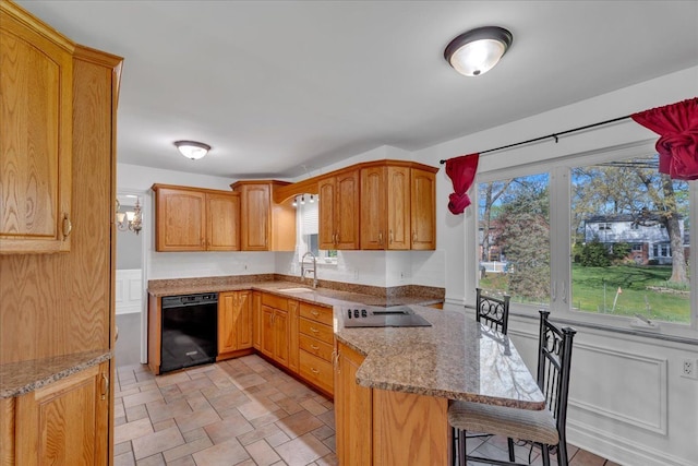 kitchen featuring black appliances, a sink, a peninsula, light stone countertops, and plenty of natural light