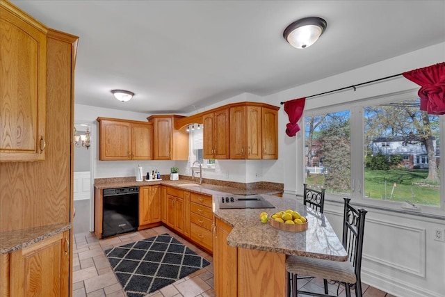 kitchen featuring black appliances, a sink, a peninsula, and healthy amount of natural light