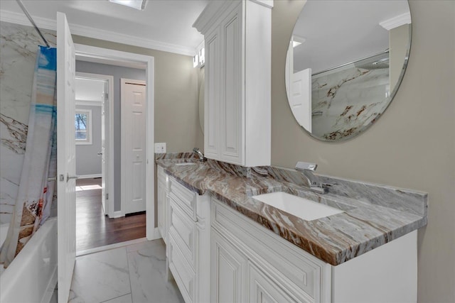 bathroom featuring marble look tiles, crown molding, double vanity, and shower / bath combination with curtain