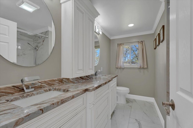 full bath with marble finish floors, baseboards, toilet, double vanity, and a shower