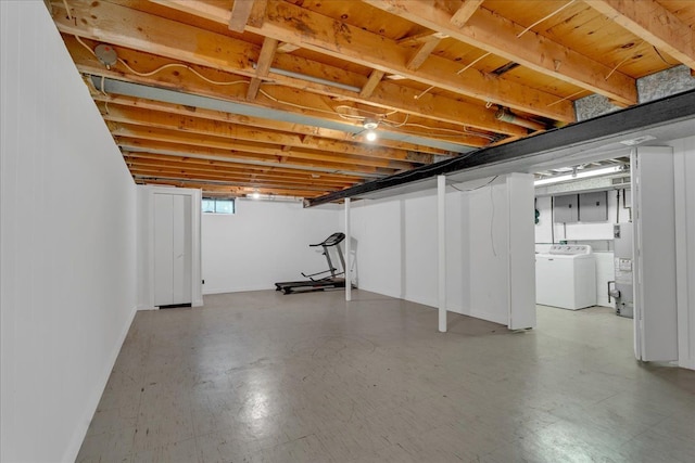 below grade area with light floors, water heater, and electric panel