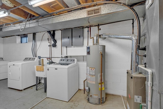 washroom featuring separate washer and dryer, water heater, electric panel, and light floors