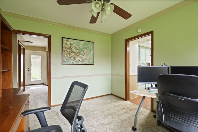 932 E Genesee St, Frankenmuth, MI 48734 - office area featuring carpet floors, ceiling fan, and ornamental molding