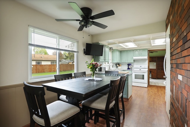 932 E Genesee St, Frankenmuth, MI 48734 - dining room with wood finished floors, ceiling fan, coffered ceiling, a wainscoted wall, and beam ceiling