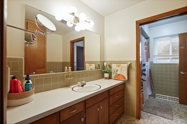 932 E Genesee St, Frankenmuth, MI 48734 - bathroom featuring tile walls, vanity, wainscoting, tile patterned floors, and a shower with shower curtain