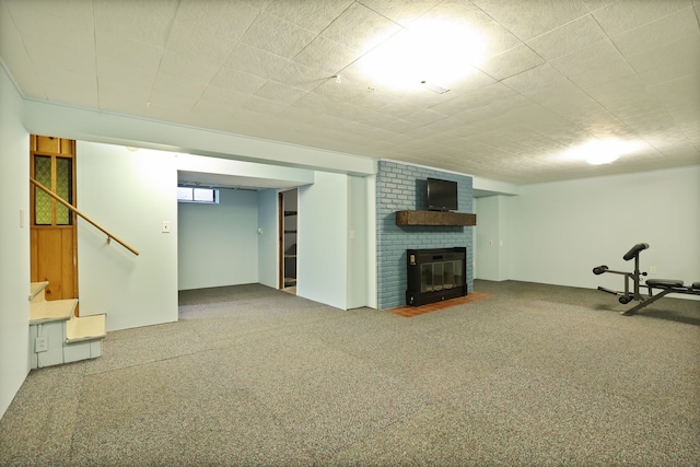 932 E Genesee St, Frankenmuth, MI 48734 - basement featuring a brick fireplace, carpet floors, and stairway