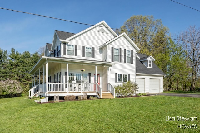 2445 Honey Creek Ave NE, Ada, MI 49301 - view of front of house featuring a porch, asphalt driveway, a front yard, and a shingled roof