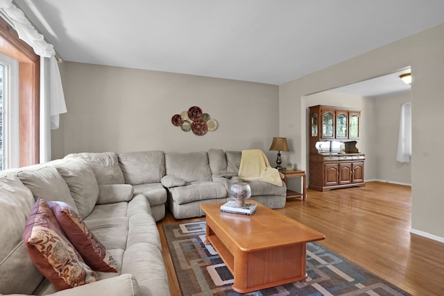 living area featuring wood finished floors and baseboards