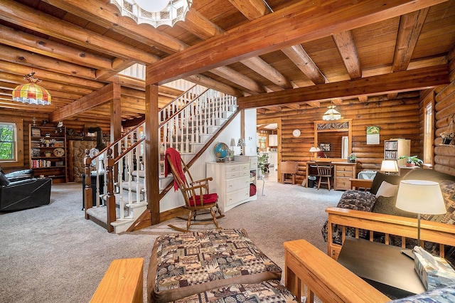 10780 S 29th Rd, Cadillac, MI 49601 - living room with rustic walls, carpet floors, wood ceiling, stairway, and beam ceiling