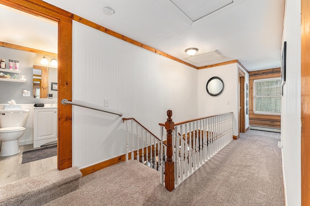 10780 S 29th Rd, Cadillac, MI 49601 - corridor with an upstairs landing, light carpet, and baseboards