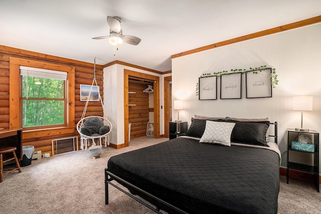 10780 S 29th Rd, Cadillac, MI 49601 - bedroom featuring rustic walls, carpet flooring, and ceiling fan