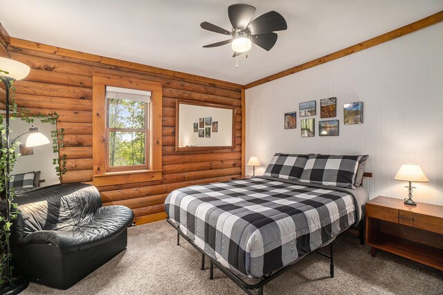 10780 S 29th Rd, Cadillac, MI 49601 - carpeted bedroom featuring log walls and a ceiling fan