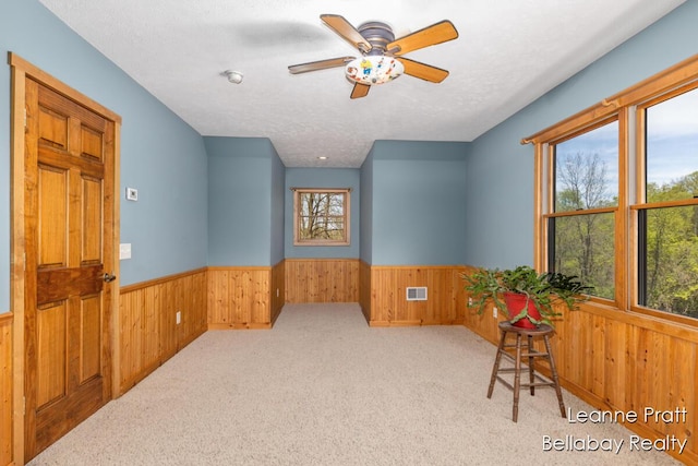 3389 Shultz Rd, Hastings, MI 49058 - sitting room with wainscoting, wood walls, carpet flooring, a ceiling fan, and a textured ceiling