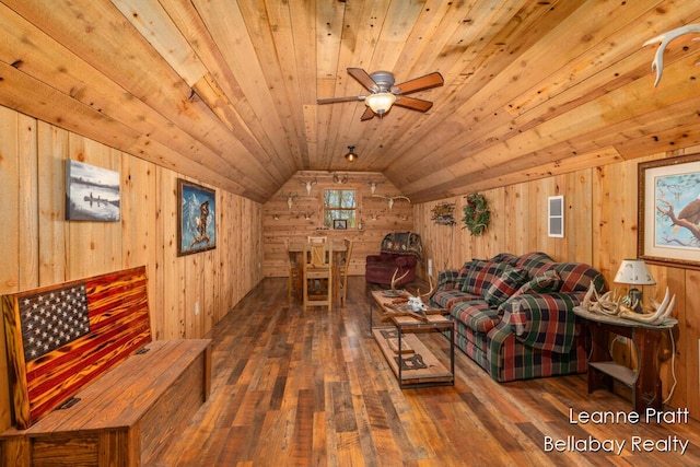 3389 Shultz Rd, Hastings, MI 49058 - living area featuring wood walls, hardwood / wood-style floors, lofted ceiling, wooden ceiling, and ceiling fan