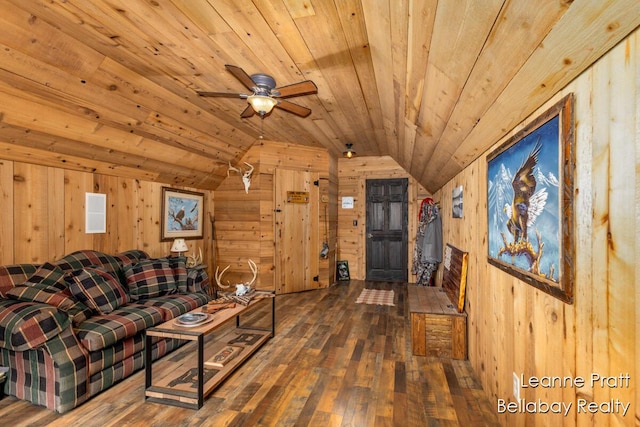 3389 Shultz Rd, Hastings, MI 49058 - living room featuring lofted ceiling, wooden walls, hardwood / wood-style floors, wood ceiling, and ceiling fan