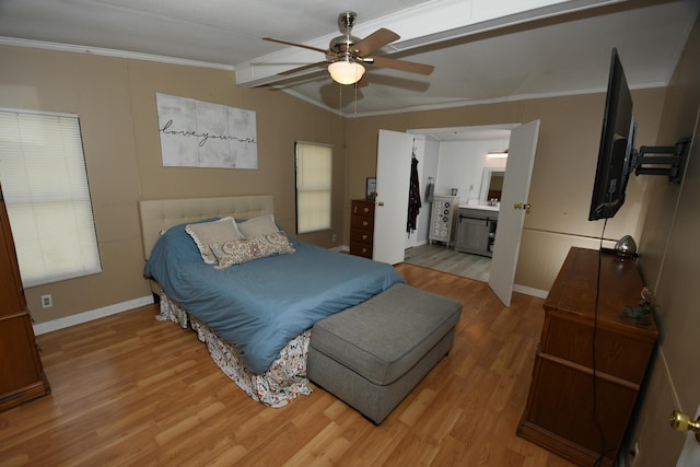 bedroom with light wood-type flooring, ornamental molding, baseboards, and ceiling fan