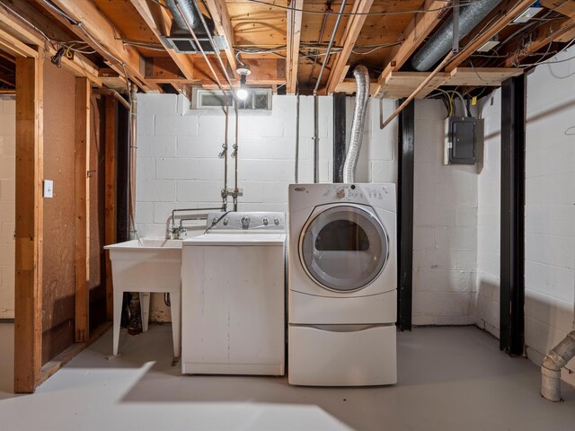 laundry area featuring electric panel and washer and clothes dryer