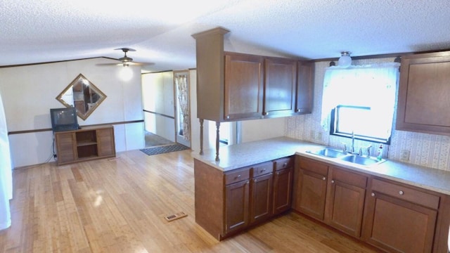 17931 30th Ave, Barryton, MI 49305 - kitchen with a textured ceiling, a sink, light wood-style flooring, light countertops, and a ceiling fan