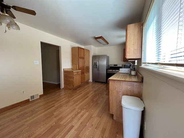 23851 Annapolis St, Dearborn Heights, MI 48125 - kitchen with appliances with stainless steel finishes, light countertops, ceiling fan, light wood-style flooring, and brown cabinetry