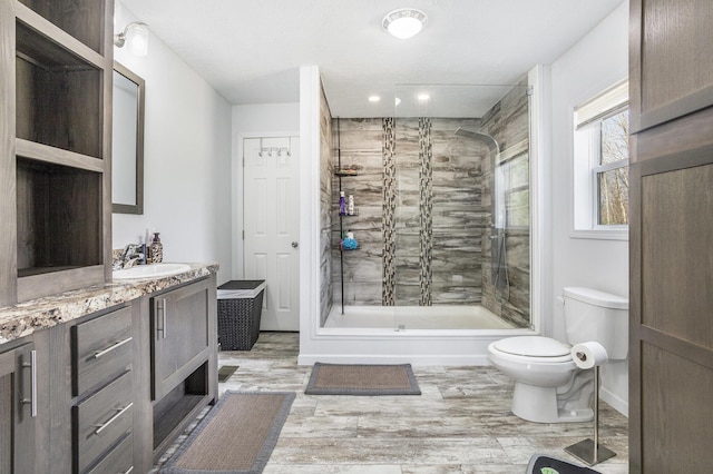 554 Ottawa Trl, Buckley, MI 49620 - full bath with a tile shower, toilet, wood finished floors, and vanity
