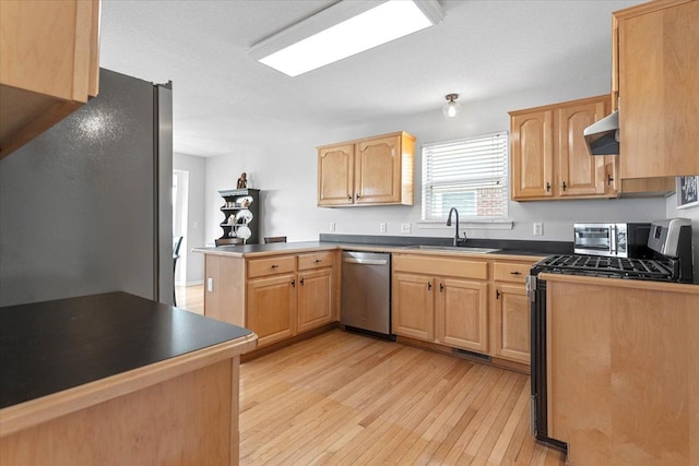 24231 Wilson Dr, Trenton, MI 48183 - kitchen with stainless steel appliances, a sink, extractor fan, light wood finished floors, and a peninsula
