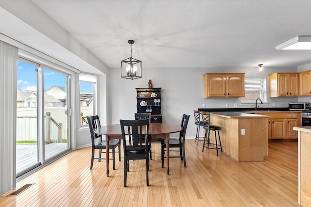 24231 Wilson Dr, Trenton, MI 48183 - dining space with light wood-style floors, a chandelier, baseboards, and a textured ceiling