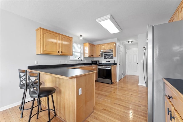 24231 Wilson Dr, Trenton, MI 48183 - kitchen with appliances with stainless steel finishes, under cabinet range hood, a peninsula, a breakfast bar, and a sink