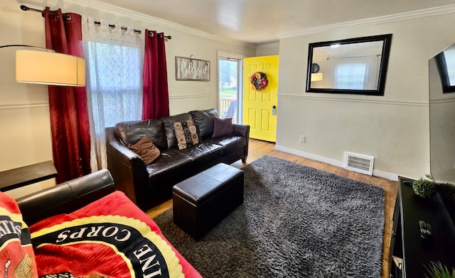 living area featuring wood finished floors, ornamental molding, and baseboards
