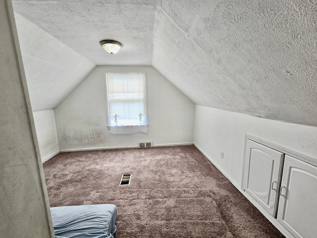 additional living space with vaulted ceiling, a textured ceiling, carpet floors, and baseboards