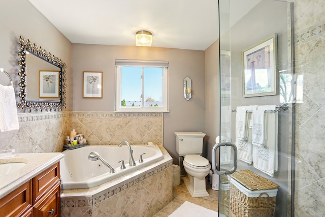 1438 Leafgreen Dr, Troy, MI 48083 - full bathroom with vanity, a jetted tub, toilet, a stall shower, and tile patterned floors