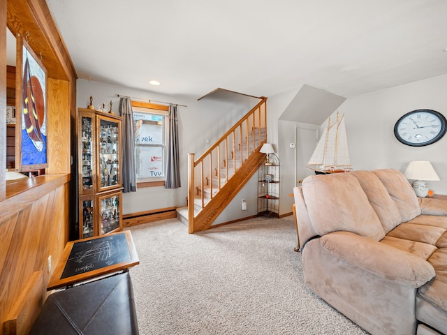4825 Downing Dr, Pinckney, MI 48169 - living area featuring stairway, carpet, and baseboards