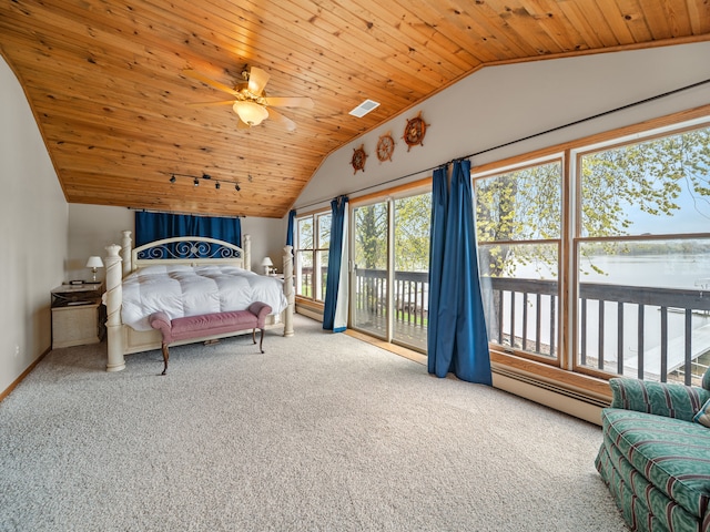4825 Downing Dr, Pinckney, MI 48169 - carpeted bedroom with lofted ceiling, a baseboard heating unit, wood ceiling, access to exterior, and baseboards
