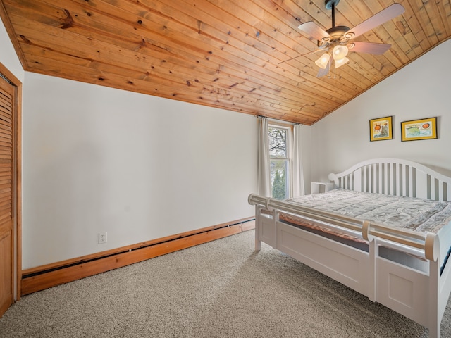 4825 Downing Dr, Pinckney, MI 48169 - carpeted bedroom with wood ceiling, a baseboard radiator, vaulted ceiling, a ceiling fan, and a closet