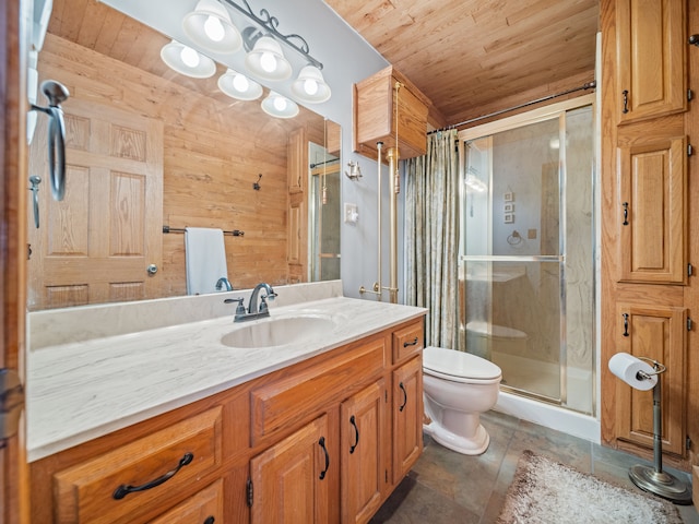 4825 Downing Dr, Pinckney, MI 48169 - bathroom with wooden ceiling, a shower stall, toilet, vanity, and tile patterned flooring