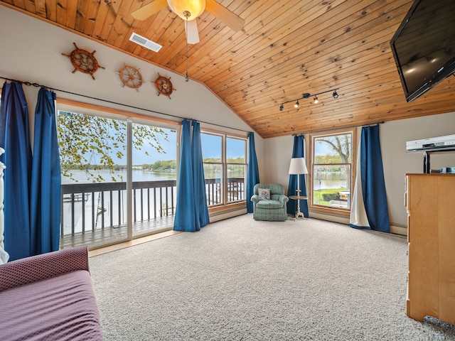 4825 Downing Dr, Pinckney, MI 48169 - sitting room featuring vaulted ceiling, wood ceiling, carpet, a water view, and ceiling fan