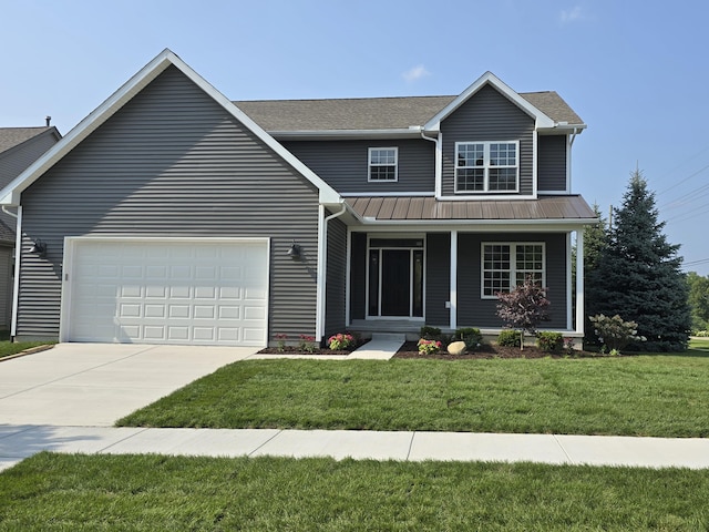 319 Sedgewood Ln, Ann Arbor, MI 48103 - traditional home with covered porch, an attached garage, concrete driveway, a front lawn, and metal roof